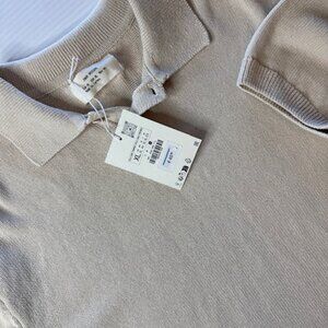 NEW Zara Origins Men's Shirt Cream XL Crew Neck Cotton/Linen Polo Short Sleeve